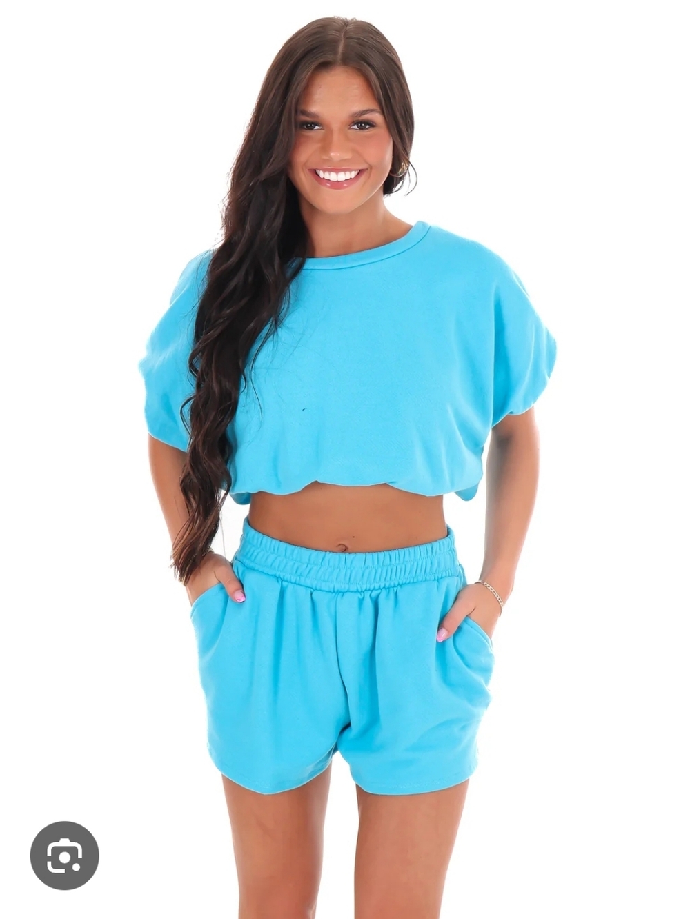 Bucketlist Cropped Short Sleeve Lounge Top And Shorts SET in Bright Aqua